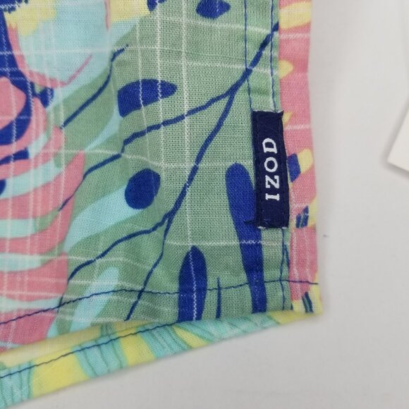 IZOD Mens S Short Sleeve Cotton Floral Hawaiian Button Up Shirt Yellow Blue Pink - Picture 5 of 12